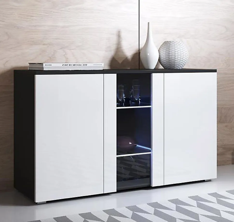 Buffet bas moderne 3 portes LED Noir et Blanc - 120x72x40 cm