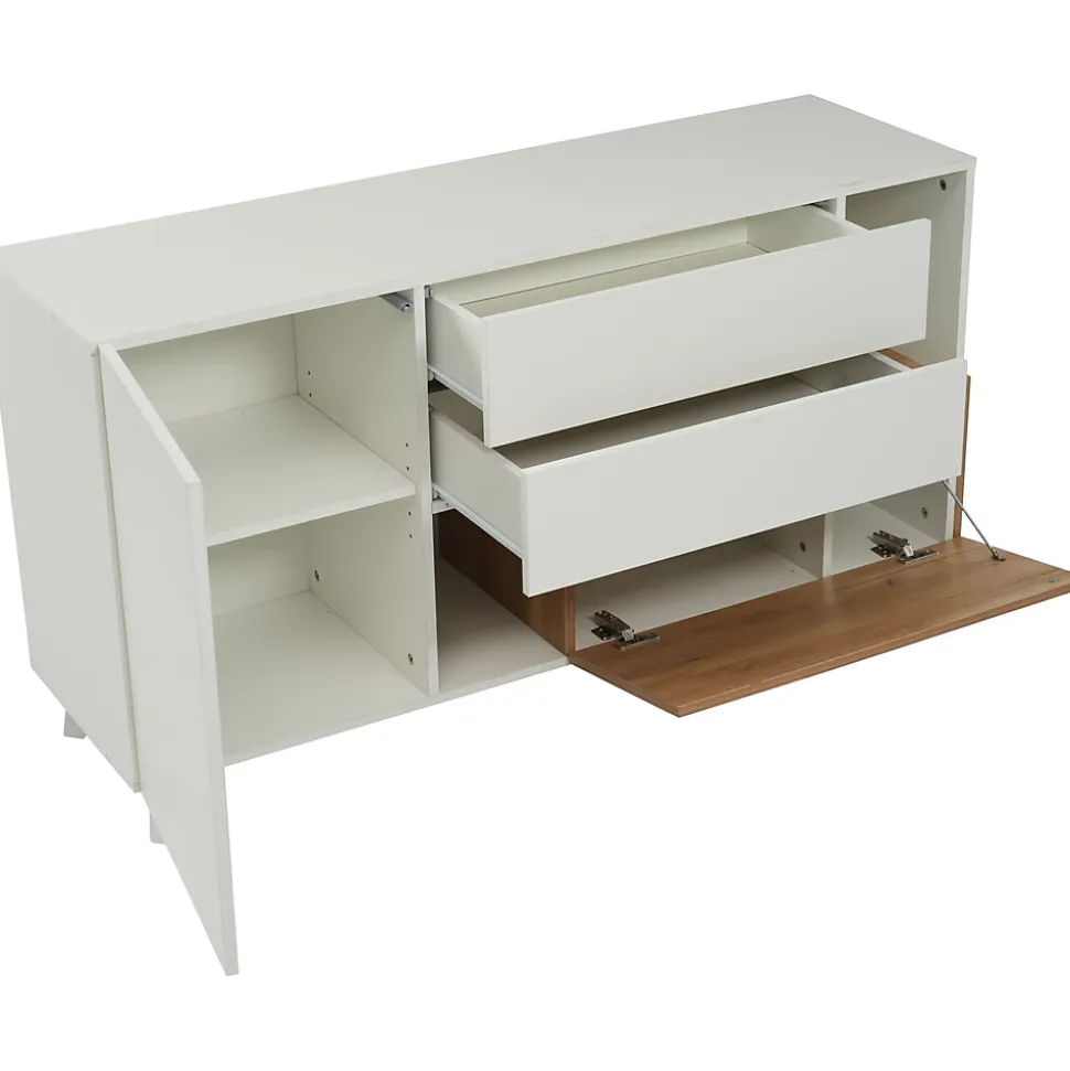 Buffet Bas Moderne avec 2 Portes et 2 Tiroirs - Rangement Réglable Blanc et Chêne Clair, 130x40x70 cm