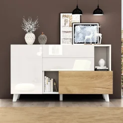 Buffet Bas Moderne avec 2 Portes et 2 Tiroirs - Rangement Réglable Blanc et Chêne Clair, 130x40x70 cm