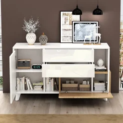 Buffet Bas Moderne avec 2 Portes et 2 Tiroirs - Rangement Réglable Blanc et Chêne Clair, 130x40x70 cm