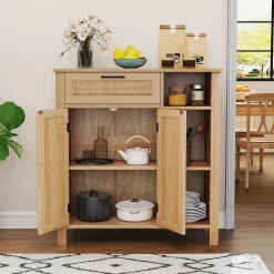 Buffet Bas Salle A Manger en Rotin pour Cuisine avec Tiroir, Cubes, Étagère Réglable, Porte en Rotin Naturel, 75 x 30 x 80 cm
