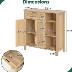 Buffet Bas Salle A Manger en Rotin pour Cuisine avec Tiroir, Cubes, Étagère Réglable, Porte en Rotin Naturel, 75 x 30 x 80 cm