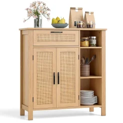 Buffet Bas Salle A Manger en Rotin pour Cuisine avec Tiroir, Cubes, Étagère Réglable, Porte en Rotin Naturel, 75 x 30 x 80 cm