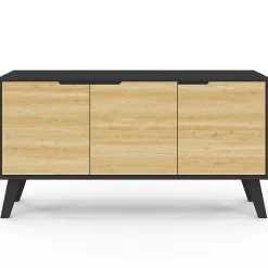 Buffet bas scandinave 113 cm FINN 3 portes noir et bois façon hêtre