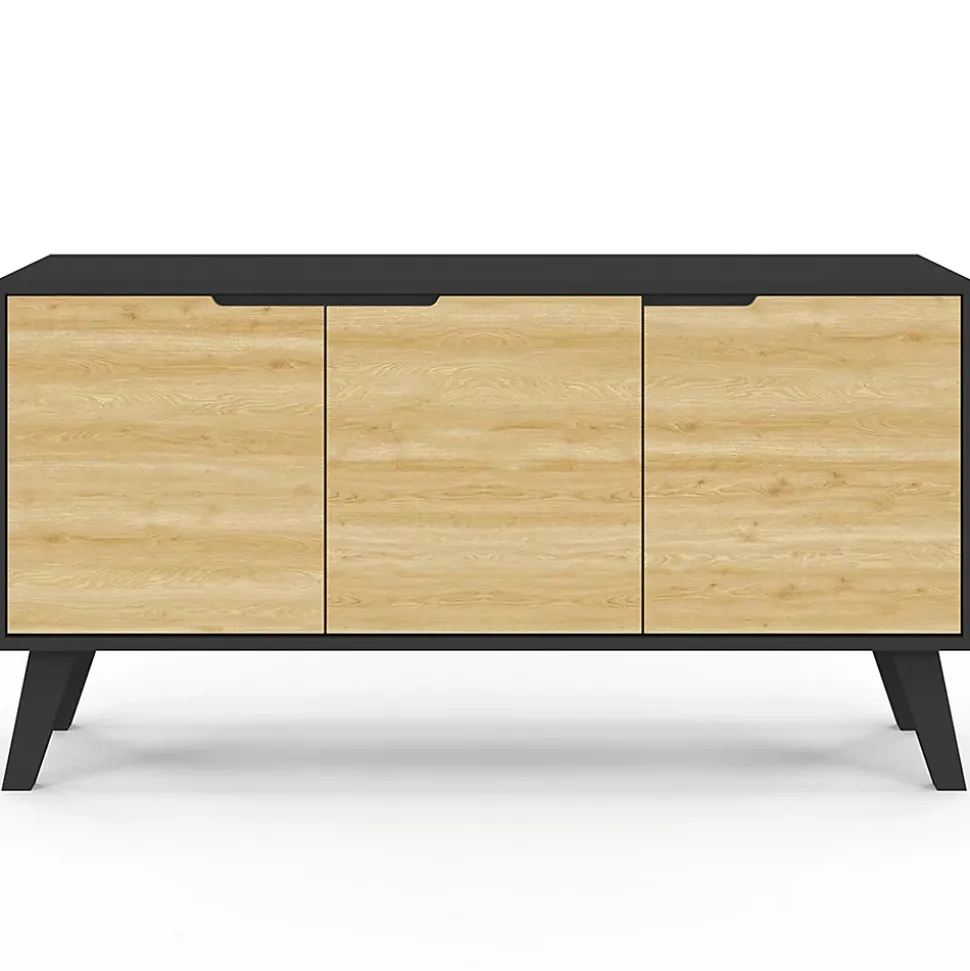 Buffet bas scandinave 113 cm FINN 3 portes noir et bois façon hêtre