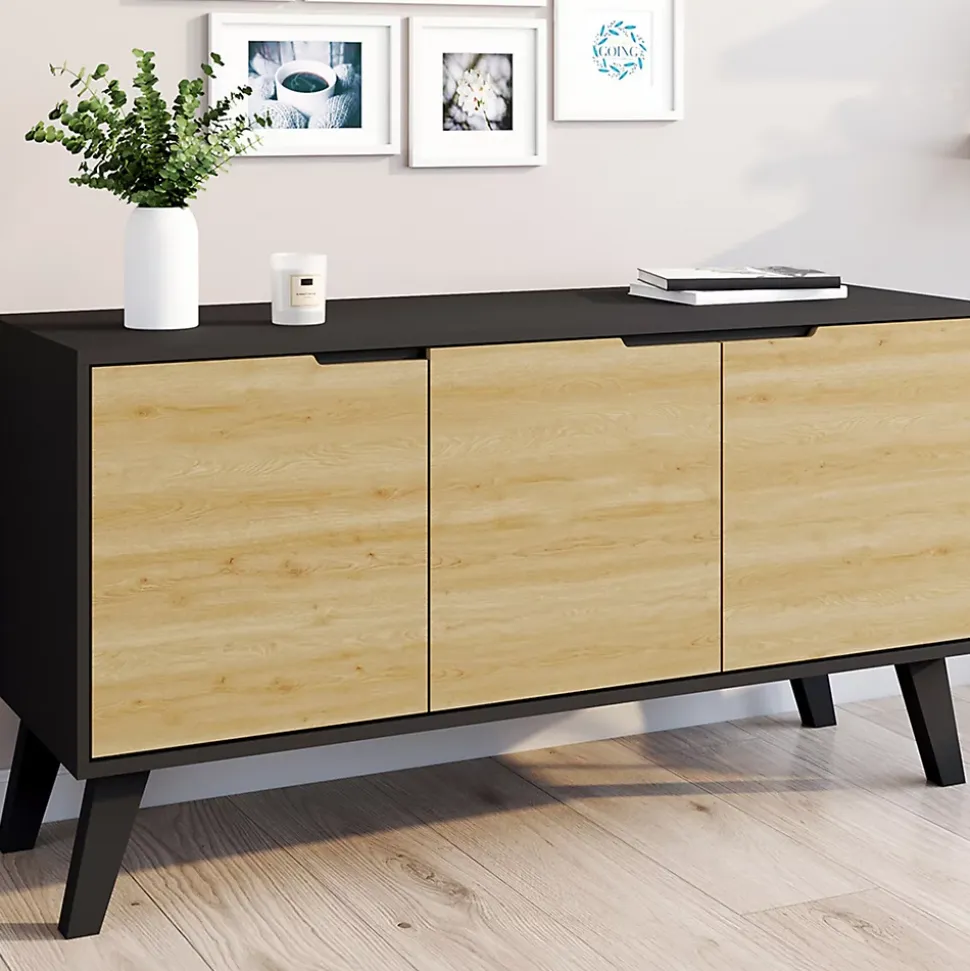 Buffet bas scandinave 113 cm FINN 3 portes noir et bois façon hêtre