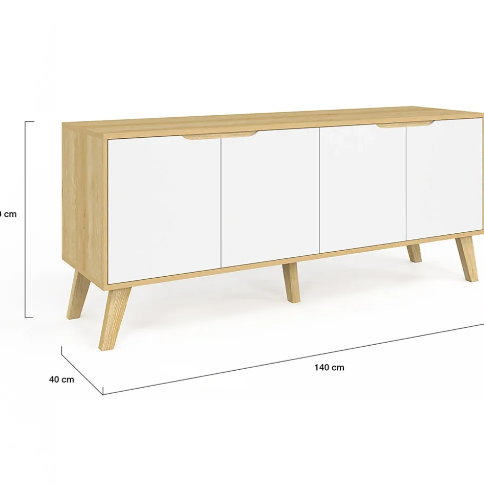 Buffet bas scandinave 140 cm FINN 4 portes blanc et bois façon hêtre