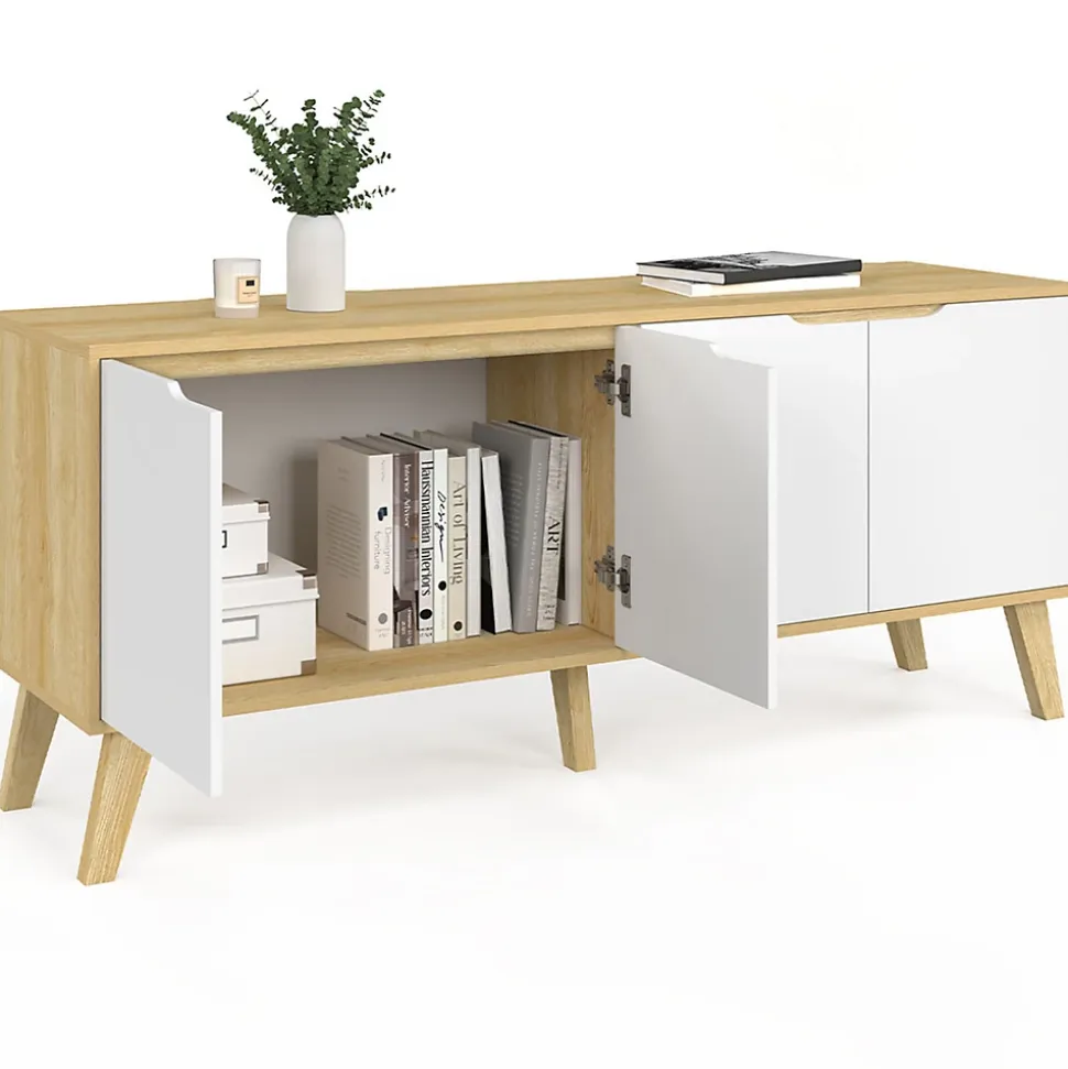 Buffet bas scandinave 140 cm FINN 4 portes blanc et bois façon hêtre