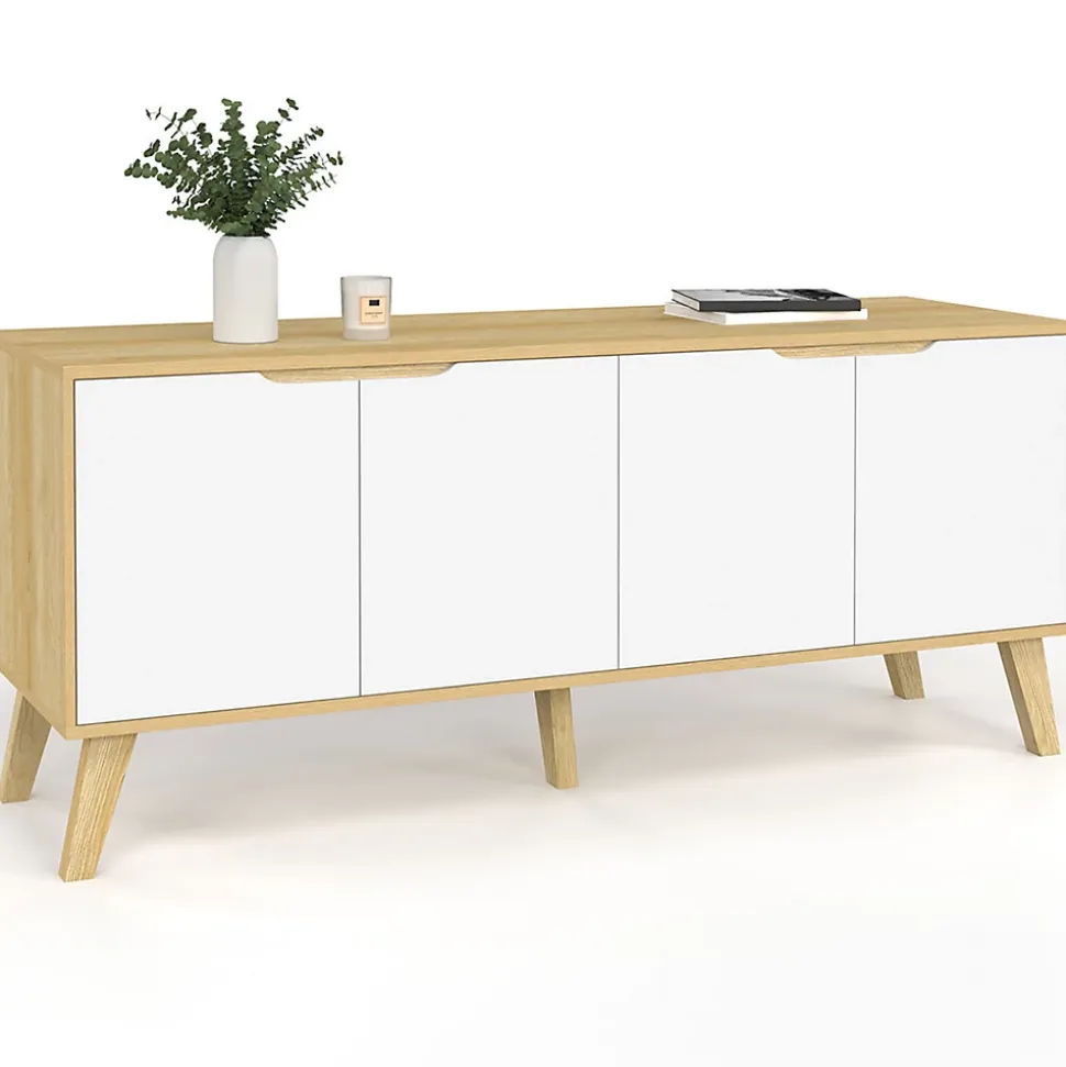 Buffet bas scandinave 140 cm FINN 4 portes blanc et bois façon hêtre