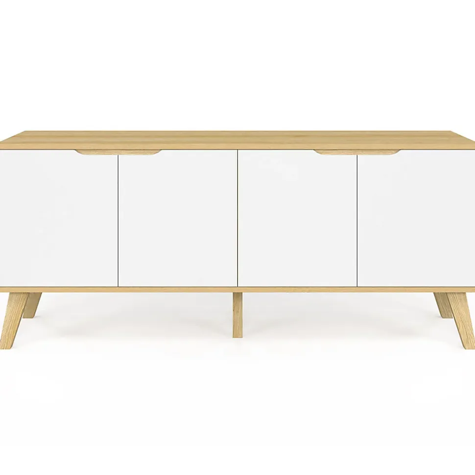 Buffet bas scandinave 140 cm FINN 4 portes blanc et bois façon hêtre