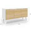 Buffet bas scandinave 113 cm FINN 3 portes blanc et bois façon hêtre