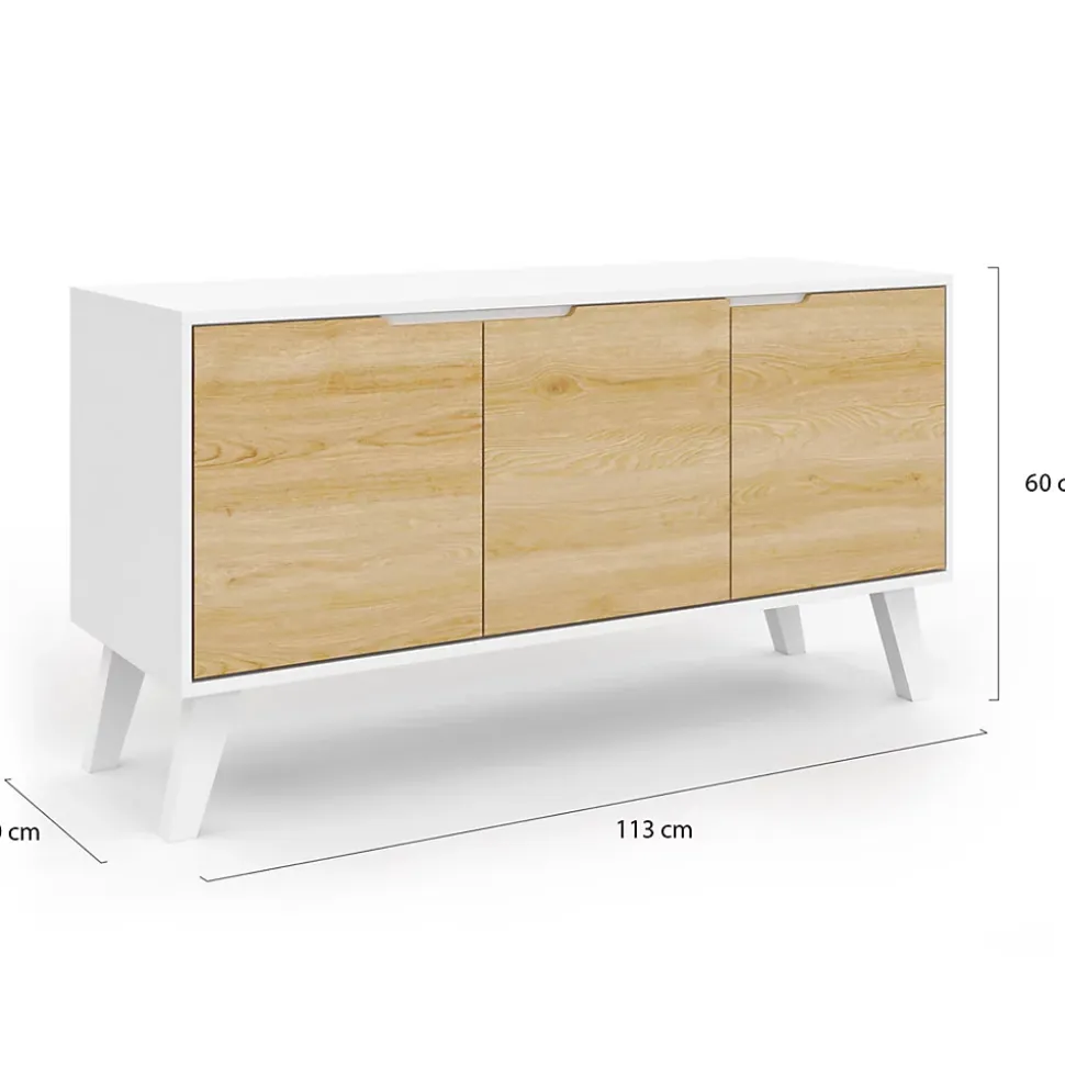 Buffet bas scandinave 113 cm FINN 3 portes blanc et bois façon hêtre