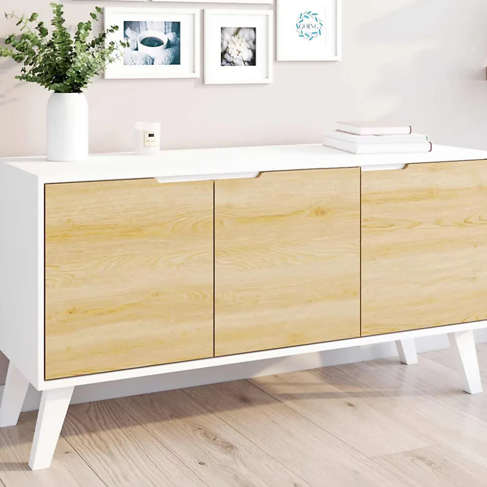 Buffet bas scandinave 113 cm FINN 3 portes blanc et bois façon hêtre