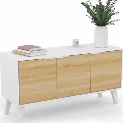 Buffet bas scandinave 113 cm FINN 3 portes blanc et bois façon hêtre