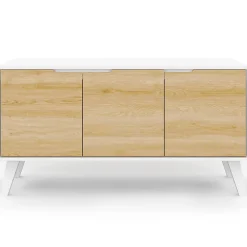Buffet bas scandinave 113 cm FINN 3 portes blanc et bois façon hêtre