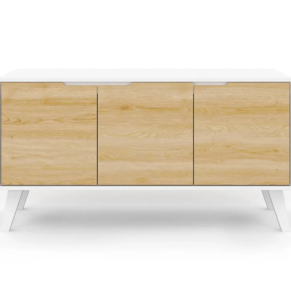 Buffet bas scandinave 113 cm FINN 3 portes blanc et bois façon hêtre