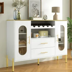 Buffet blanc avec portes vitrées et casier à vin, pieds réglables, grand rangement, design moderne, idéal salon et salle à manger