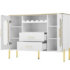 Buffet blanc avec portes vitrées et casier à vin, pieds réglables, grand rangement, design moderne, idéal salon et salle à manger
