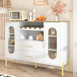 Buffet blanc avec portes vitrées et casier à vin, pieds réglables, grand rangement, design moderne, idéal salon et salle à manger