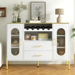 Buffet blanc avec portes vitrées et casier à vin, pieds réglables, grand rangement, design moderne, idéal salon et salle à manger