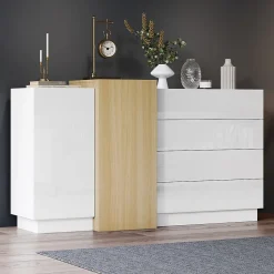 Buffet Blanc Brillant avec 4 Tiroirs et 2 Portes - Meuble de Rangement Moderne pour Cuisine, Salon, MDF, 149x37,5x87 cm