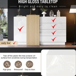 Buffet Blanc Brillant avec 4 Tiroirs et 2 Portes - Meuble de Rangement Moderne pour Cuisine, Salon, MDF, 149x37,5x87 cm