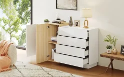 Buffet Blanc Brillant avec 4 Tiroirs et 2 Portes - Meuble de Rangement Moderne pour Cuisine, Salon, MDF, 149x37,5x87 cm