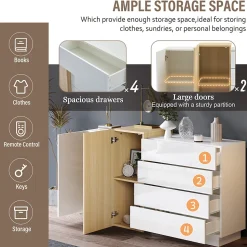 Buffet Blanc Brillant avec 4 Tiroirs et 2 Portes - Meuble de Rangement Moderne pour Cuisine, Salon, MDF, 149x37,5x87 cm