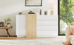 Buffet Blanc Brillant avec 4 Tiroirs et 2 Portes - Meuble de Rangement Moderne pour Cuisine, Salon, MDF, 149x37,5x87 cm