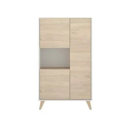 Buffet Boario, Buffet de salon haut, Buffet de salon moderne avec 3 portes, 81x43h135 cm, Chêne et Blanc