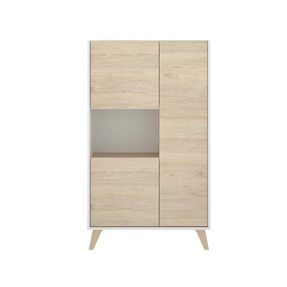 Buffet Boario, Buffet de salon haut, Buffet de salon moderne avec 3 portes, 81x43h135 cm, Chêne et Blanc