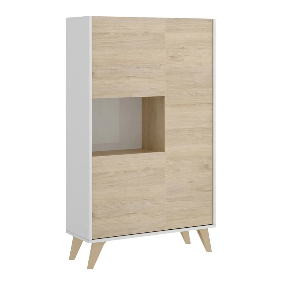 Buffet Boario, Buffet de salon haut, Buffet de salon moderne avec 3 portes, 81x43h135 cm, Chêne et Blanc
