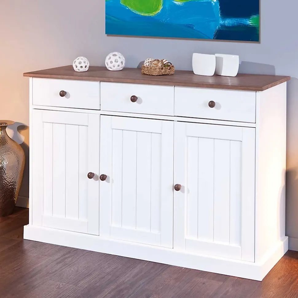 Buffet Bois 3 Portes "Takao" 130cm Blanc & Naturel