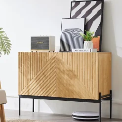 Buffet Bois Avec Portes - Rangement Moderne Avec Pieds Métal Et Façade Rainurée, Entrée Ou Salon, L100 x P40 x H75 Cm, Naturel