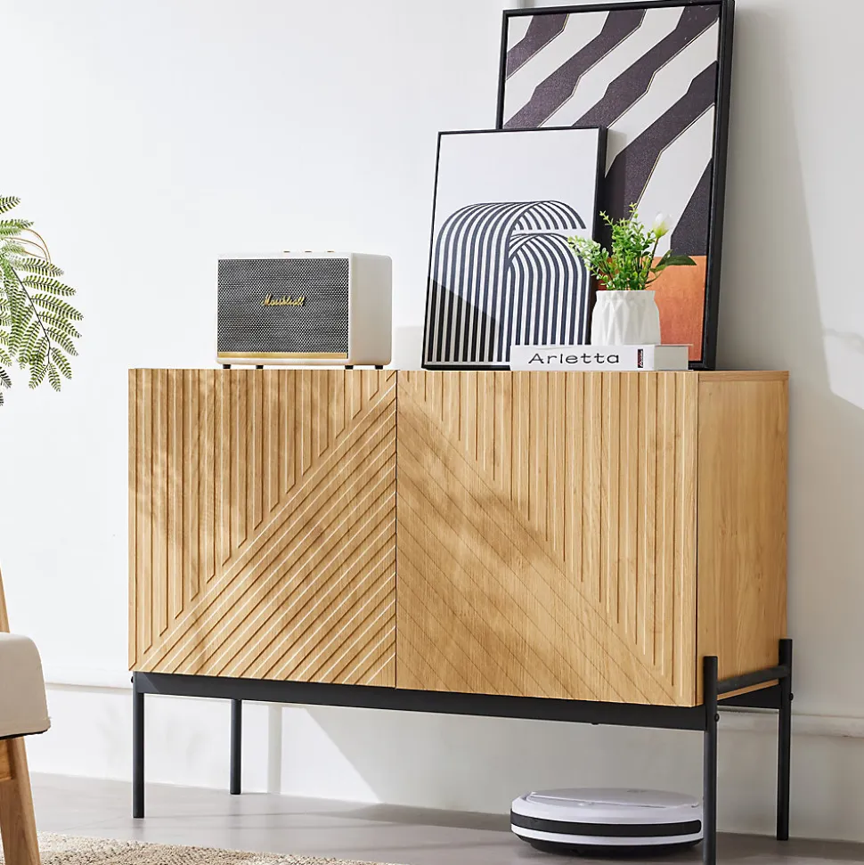 Buffet Bois Avec Portes - Rangement Moderne Avec Pieds Métal Et Façade Rainurée, Entrée Ou Salon, L100 x P40 x H75 Cm, Naturel