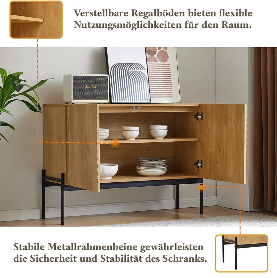 Buffet Bois Avec Portes - Rangement Moderne Avec Pieds Métal Et Façade Rainurée, Entrée Ou Salon, L100 x P40 x H75 Cm, Naturel