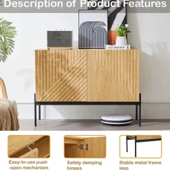 Buffet Bois Avec Portes - Rangement Moderne Avec Pieds Métal Et Façade Rainurée, Entrée Ou Salon, L100 x P40 x H75 Cm, Naturel