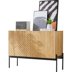 Buffet Bois Avec Portes - Rangement Moderne Avec Pieds Métal Et Façade Rainurée, Entrée Ou Salon, L100 x P40 x H75 Cm, Naturel