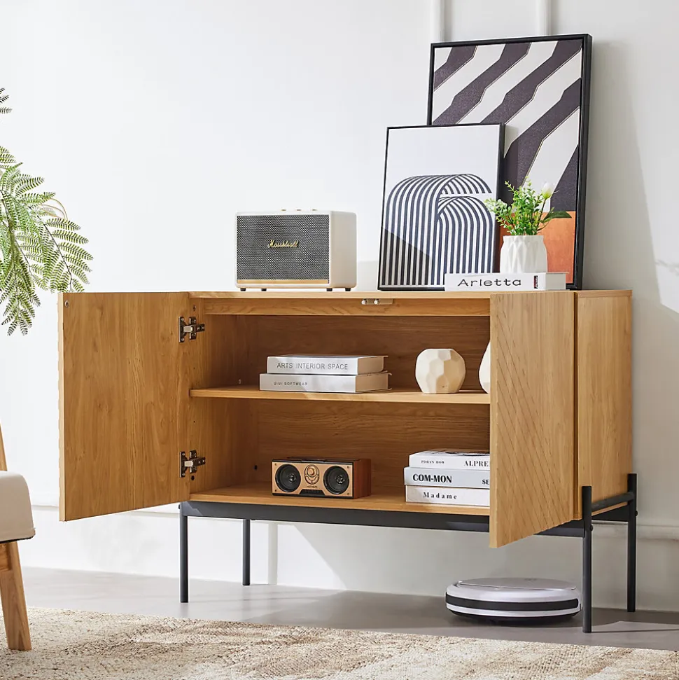 Buffet Bois Avec Portes - Rangement Moderne Avec Pieds Métal Et Façade Rainurée, Entrée Ou Salon, L100 x P40 x H75 Cm, Naturel