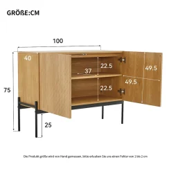 Buffet Bois Avec Portes - Rangement Moderne Avec Pieds Métal Et Façade Rainurée, Entrée Ou Salon, L100 x P40 x H75 Cm, Naturel