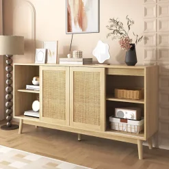 Buffet Cannage avec 3 Portes Coulissantes et 2 Tiroirs pour Salon et Salle à Manger - 155 x 38 x 80 cm - MDF