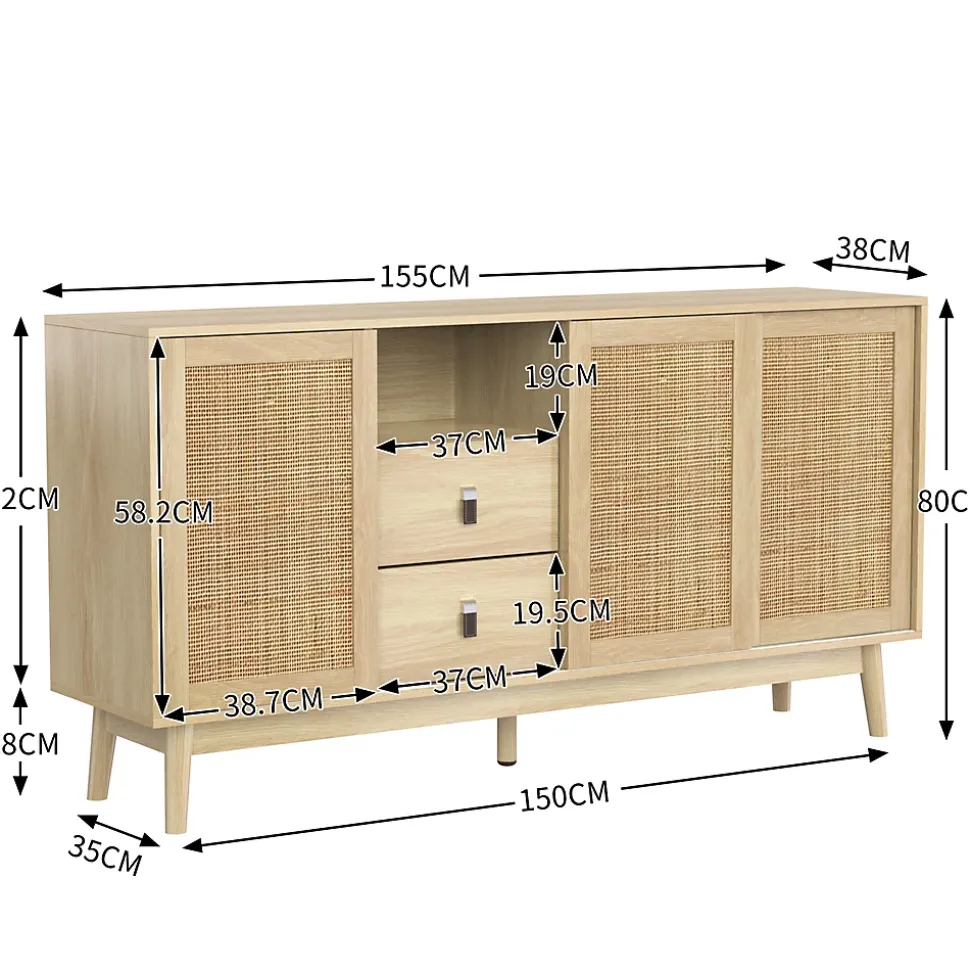 Buffet Cannage avec 3 Portes Coulissantes et 2 Tiroirs pour Salon et Salle à Manger - 155 x 38 x 80 cm - MDF