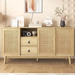 Buffet Cannage avec 3 Portes Coulissantes et 2 Tiroirs pour Salon et Salle à Manger - 155 x 38 x 80 cm - MDF