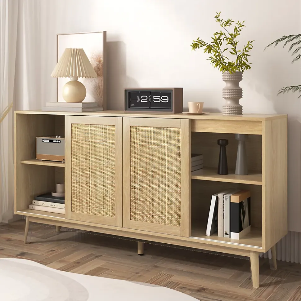 Buffet Cannage avec 3 Portes Coulissantes et 2 Tiroirs pour Salon et Salle à Manger - 155 x 38 x 80 cm - MDF