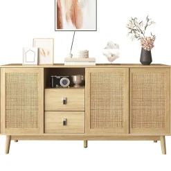 Buffet Cannage avec 3 Portes Coulissantes et 2 Tiroirs pour Salon et Salle à Manger - 155 x 38 x 80 cm - MDF