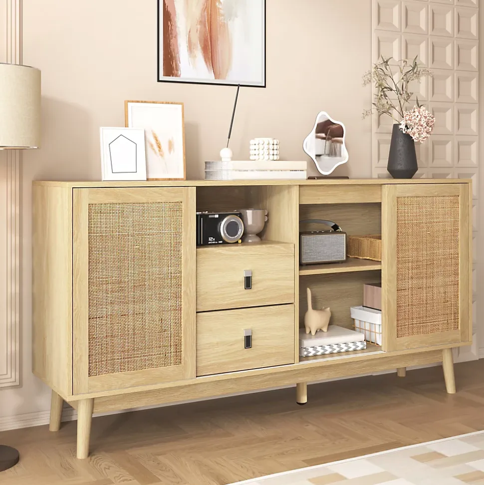 Buffet Cannage avec 3 Portes Coulissantes et 2 Tiroirs pour Salon et Salle à Manger - 155 x 38 x 80 cm - MDF