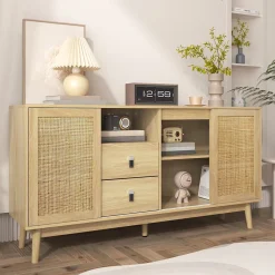 Buffet Cannage avec 3 Portes Coulissantes et 2 Tiroirs pour Salon et Salle à Manger - 155 x 38 x 80 cm - MDF
