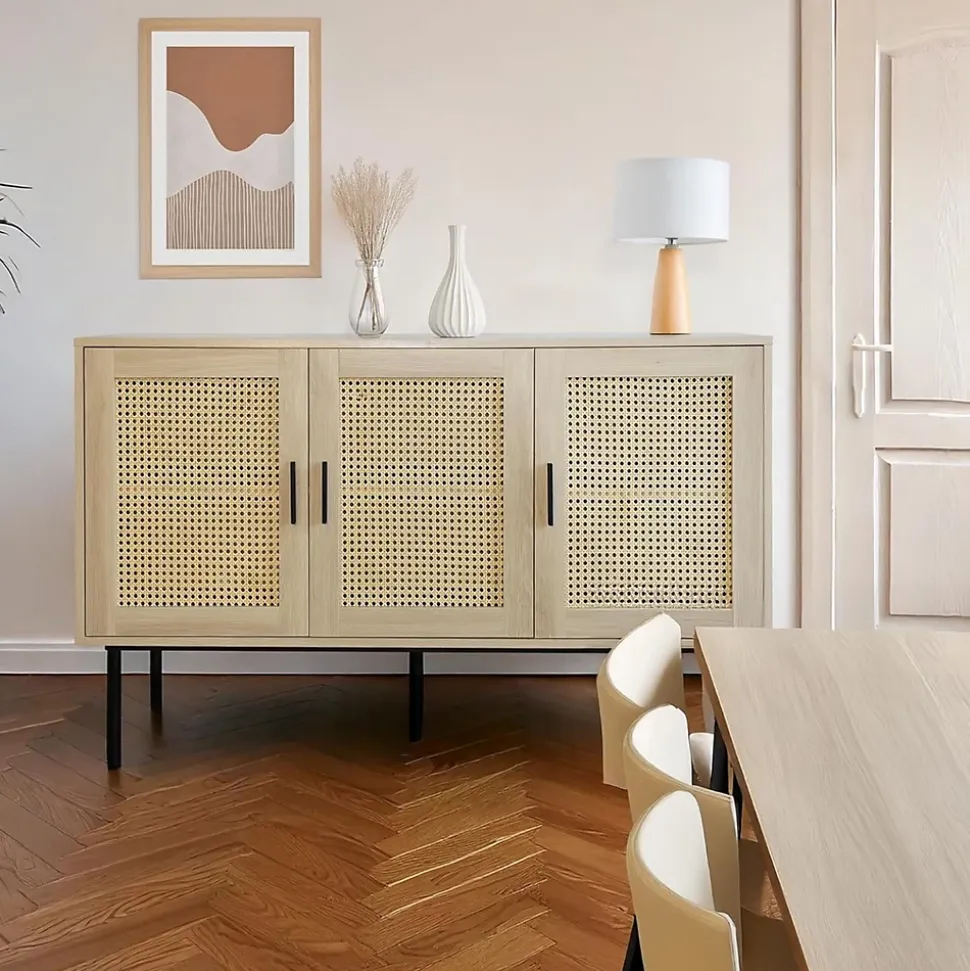Buffet cannage avec 3 portes cannage bois naturel 120 x 40 x 76 cm