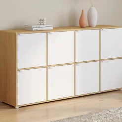 Buffet casier 139 cm CASSIE 8 portes blanc et bois
