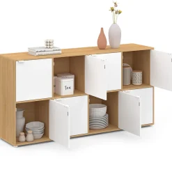 Buffet casier 139 cm CASSIE 8 portes blanc et bois